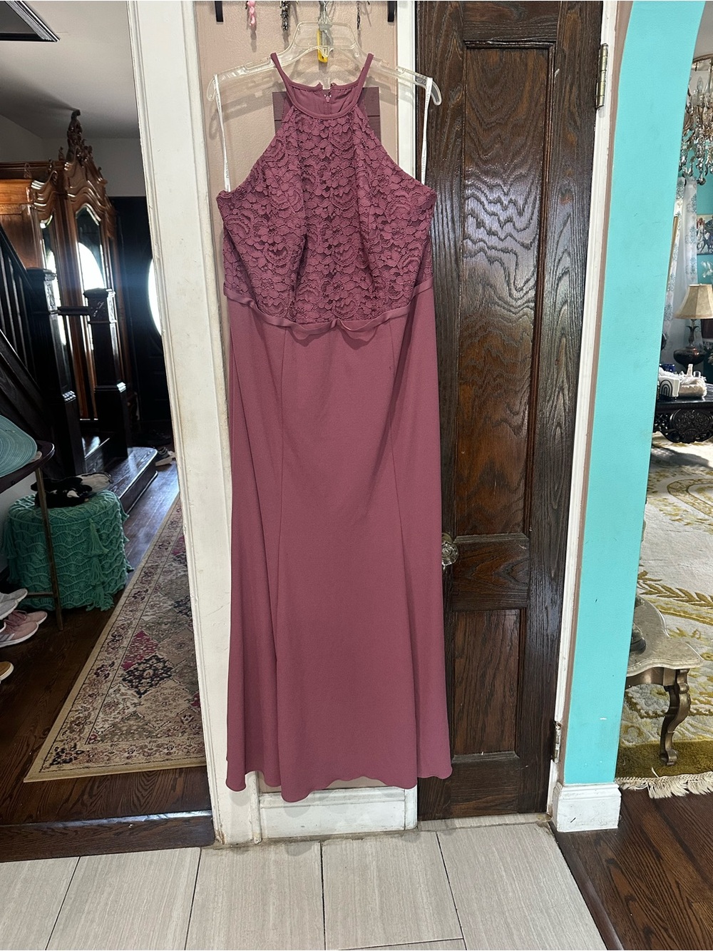 David's Bridal Mauve Lace Halter Maxi Dress